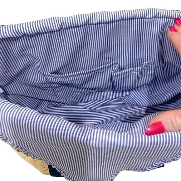 Summer casual basket handbag navy straps lined blue stripe internal pockets - Picture 7 of 10